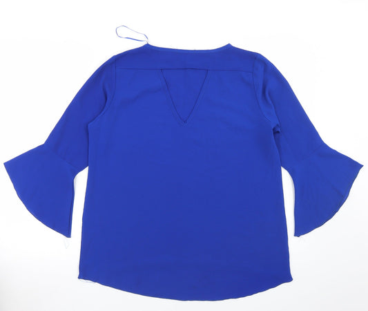Back view of Quiz women’s blue polyester basic blouse, size UK 12, round neck - cut out back