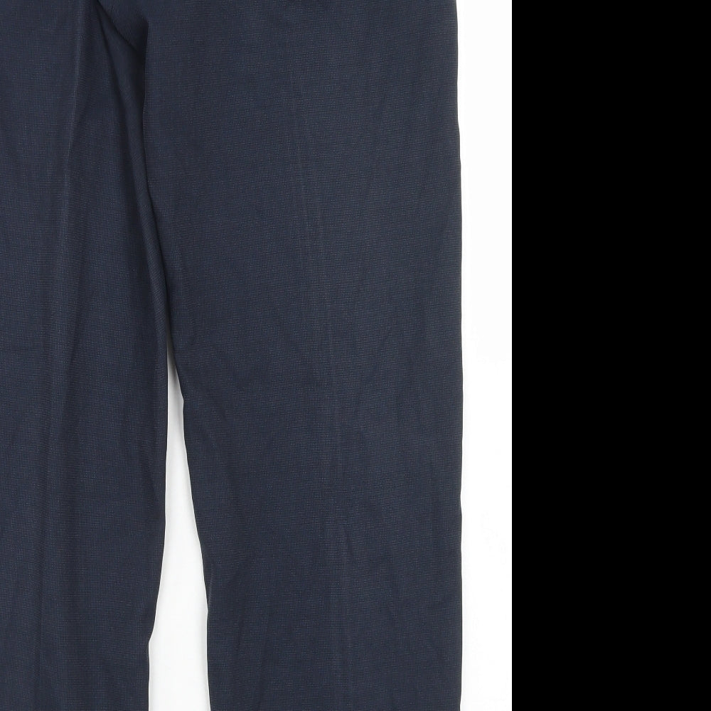 Brand and care label for Dunnes men’s blue polyester dress pants trousers, size 34, in, 29-inch leg regular hook & eye