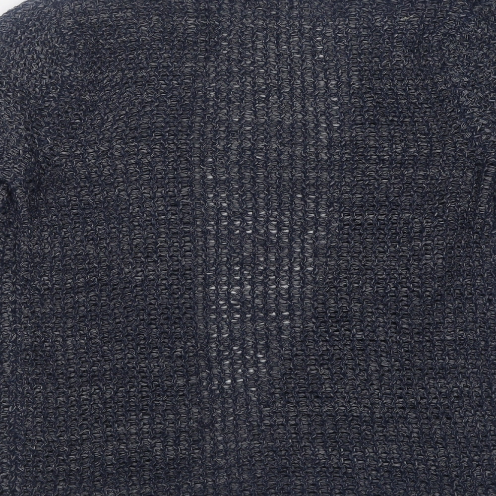 Brand and care label for F&F women’s blue v-neck acrylic cardigan jumper, size UK 8