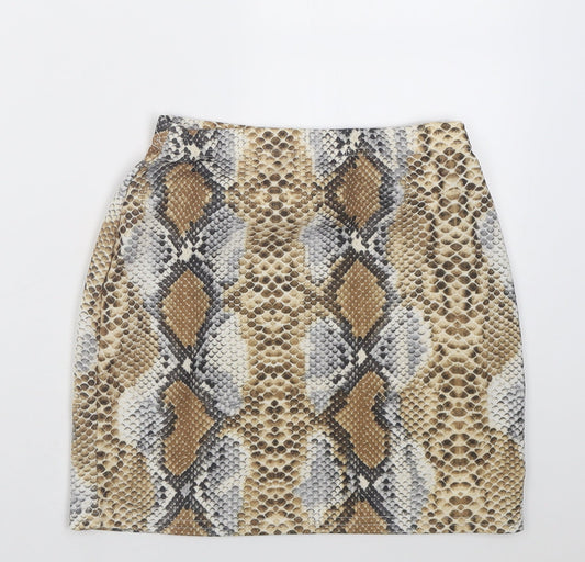 Back view of In the Style women’s brown animal print polyester a-line skirt, size UK 8