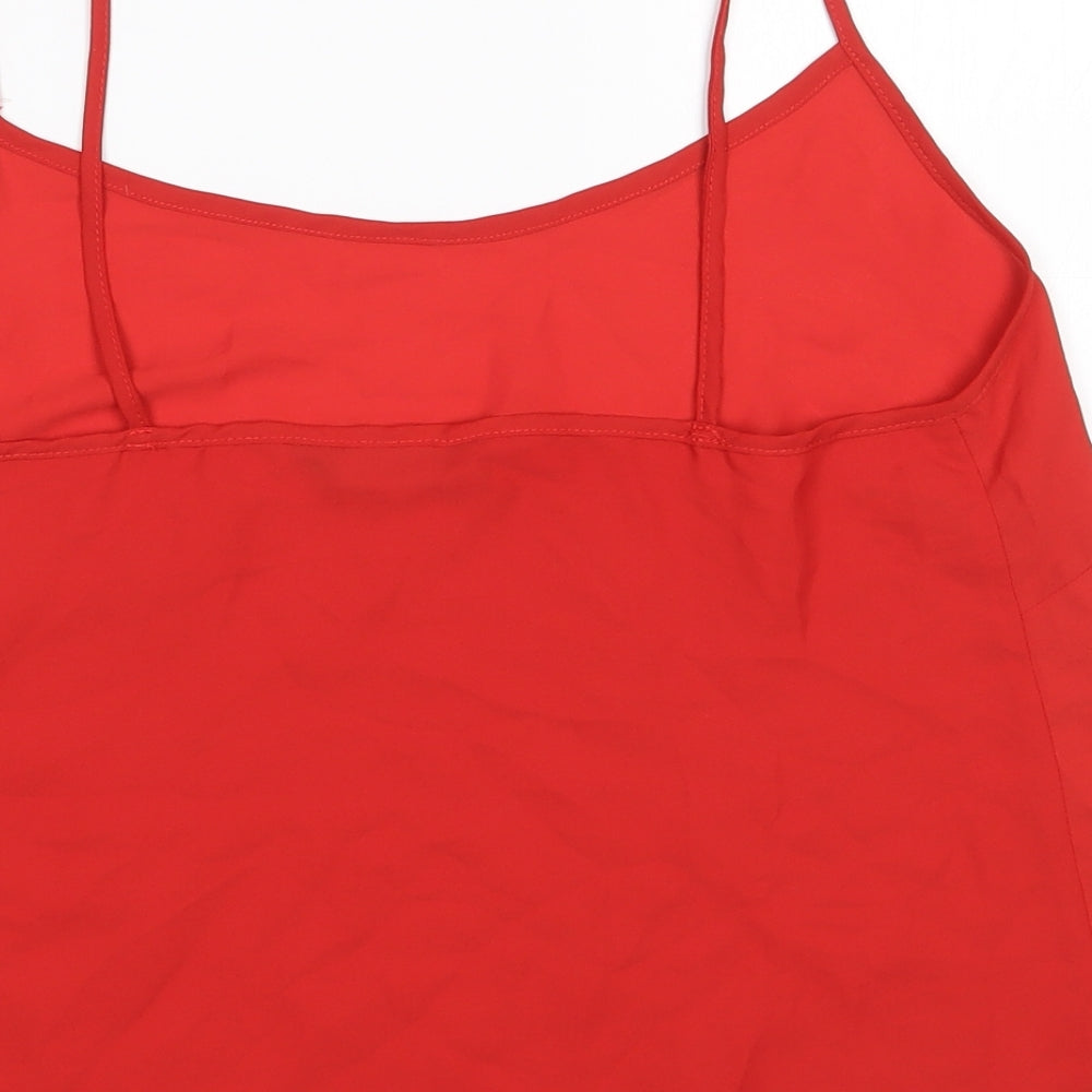 Brand and care label for F&F women’s red polyester camisole blouse, size UK 10, scoop neck
