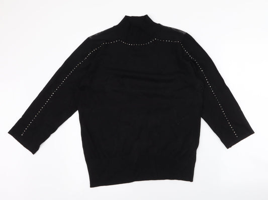 Additional front view of Cable & Gauge women’s black round neck viscose jumper, size M, - mesh shoulders