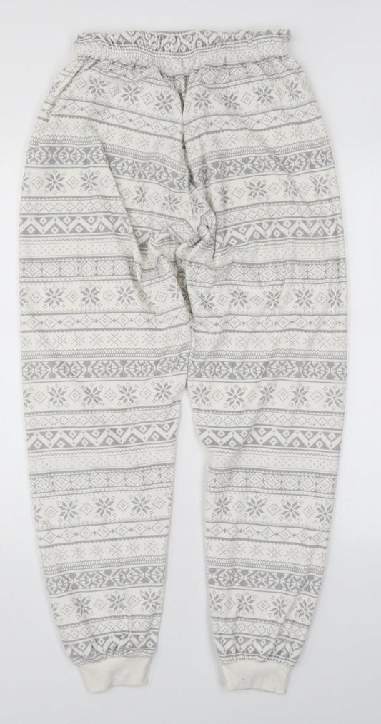 Primark Womens White Geometric Polyester Trousers Size 6 L29 in Regular - Pyjama Pants