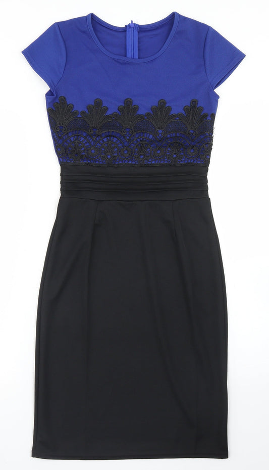 Additional front view of SHEIN women’s black colourblock cotton pencil dress, size S, crew neck zip - lace top detail