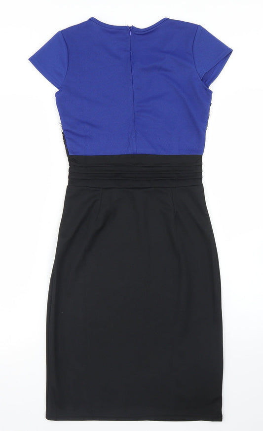 SheIn Womens Black Colourblock Cotton Pencil Dress Size S Crew Neck Zip - Lace top Detail