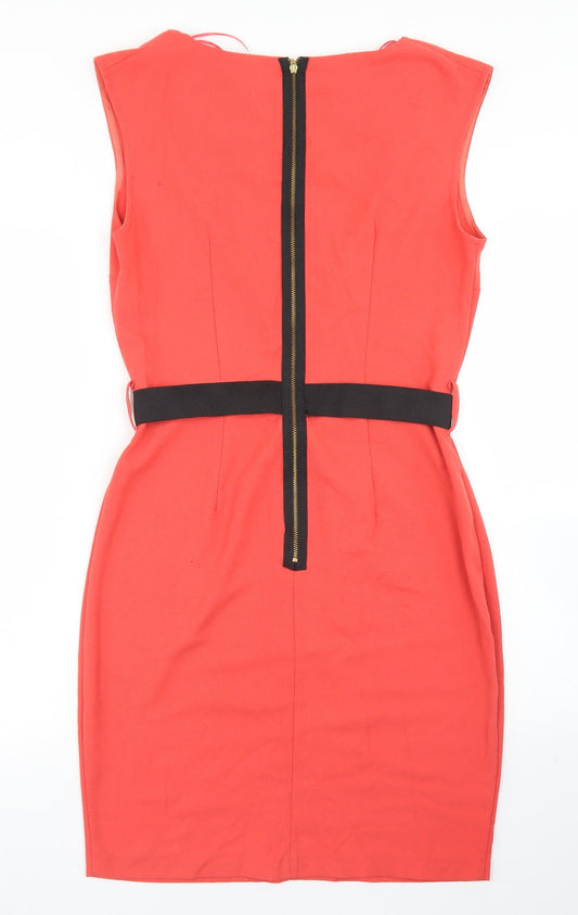 Closet Womens Orange Polyester Pencil Dress Size 12 Round Neck Zip