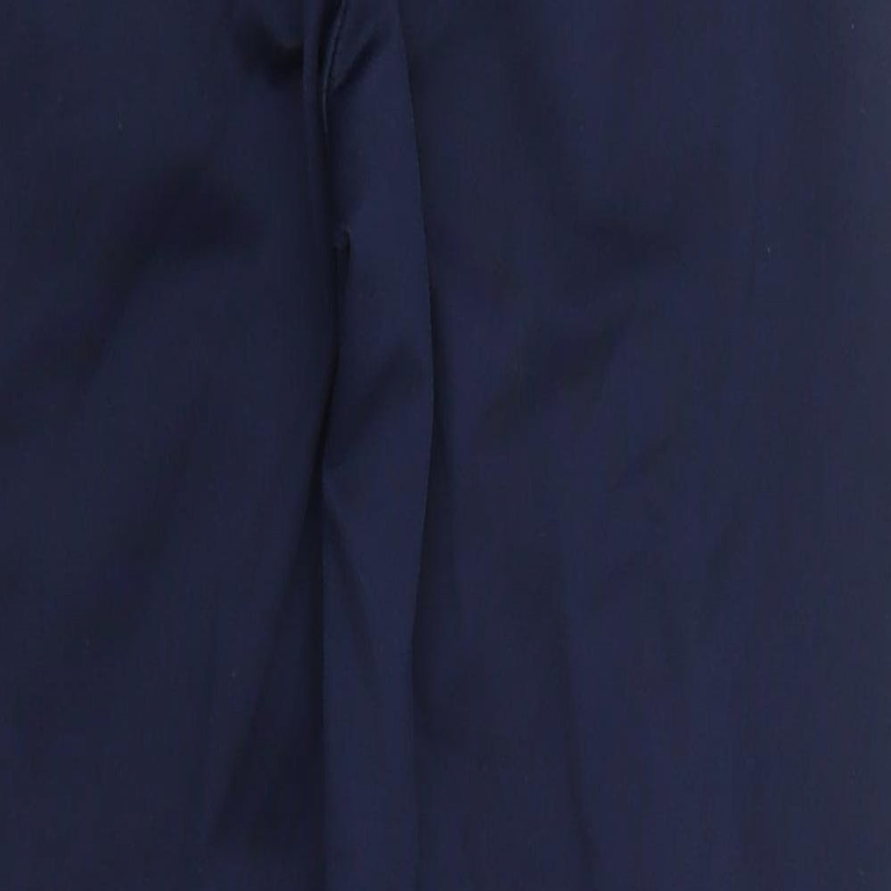 Brand and care label for Preworn women’s blue polyester sweatpants, size UK 23, in, 24-inch leg regular