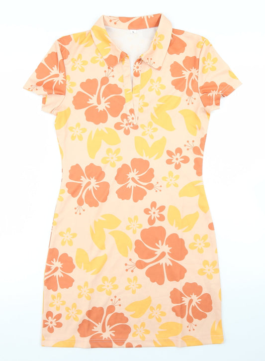 Additional front view of SHEIN women’s beige floral polyester bodycon, size S, collared