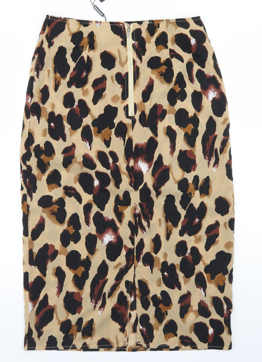 PRETTYLITTLETHING Womens Beige Animal Print Polyester Straight & Pencil Skirt Size 8 Zip