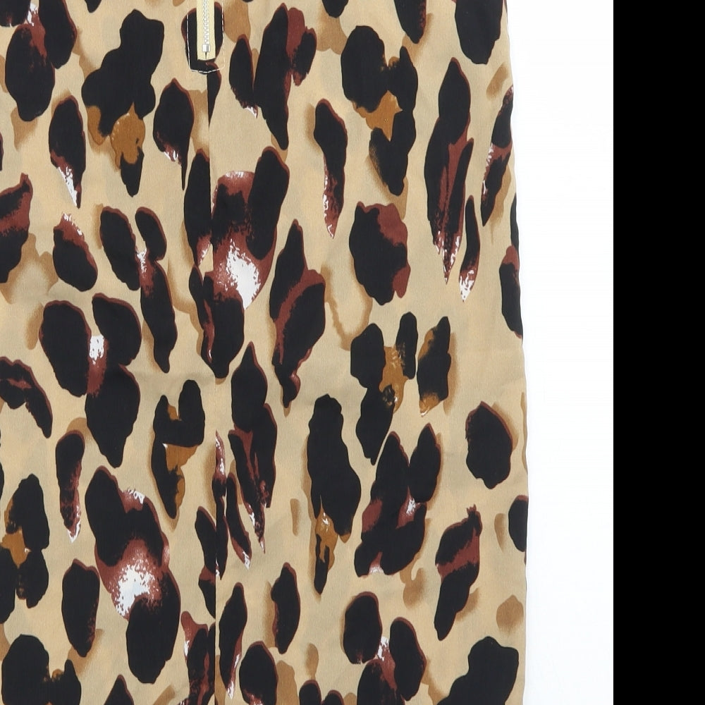 Brand and care label for PRETTYLITTLETHING women’s beige animal print polyester straight & pencil skirt, size UK 8, zip