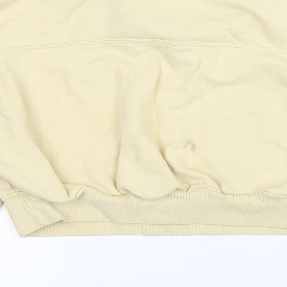 Brand and care label for H&M women’s beige polyester pullover sweatshirt, size M, pullover