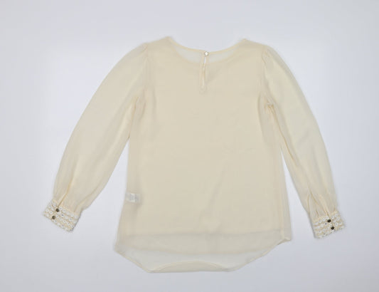 Primark Womens Ivory Polyester Basic Blouse Size 8 Crew Neck - Embellished Cuffs