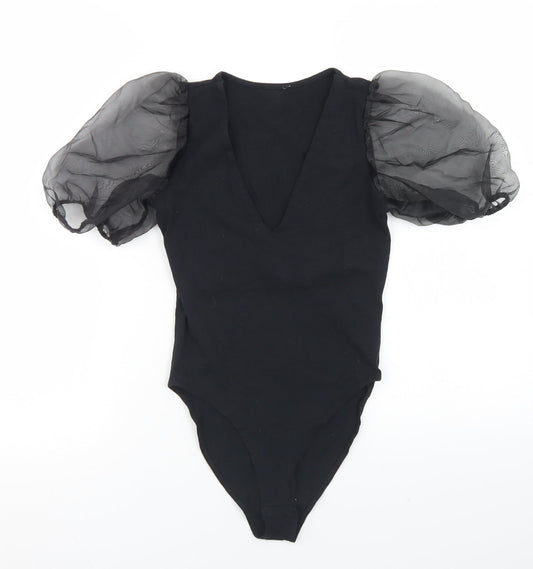 Additional front view of New Look women’s black cotton bodysuit one-piece, size UK 6, snap - puff sleeve