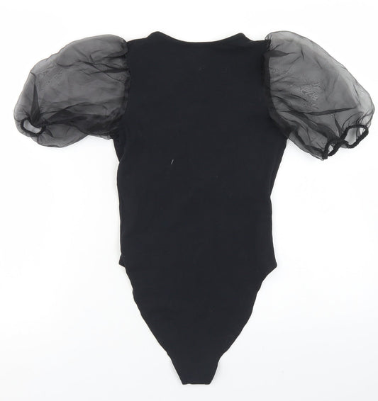 New Look Womens Black Cotton Bodysuit One-Piece Size 6 Snap - Puff Sleeve