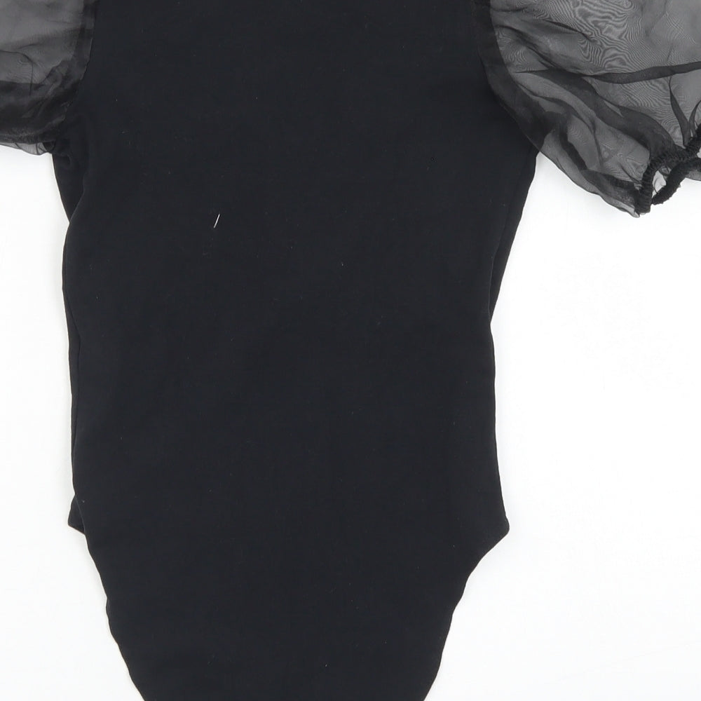 New Look Womens Black Cotton Bodysuit One-Piece Size 6 Snap - Puff Sleeve