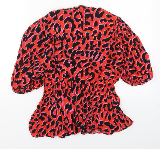 F&F Womens Red Animal Print Viscose Basic Blouse Size 6 V-Neck