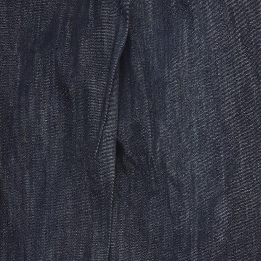 Brand and care label for Next women’s blue cotton skinny jeans, size UK 12, 30-inch leg regular button