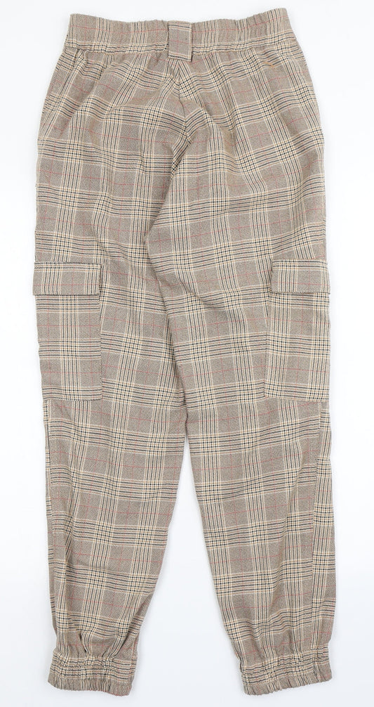 Stradivarius Womens Brown Check Polyester Trousers Size S L27 in Regular Button