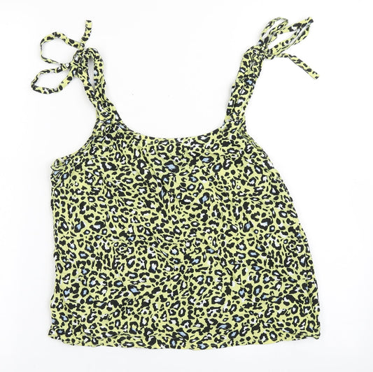 Additional front view of Clockhouse women’s yellow animal print viscose cropped blouse, size UK 8, round neck