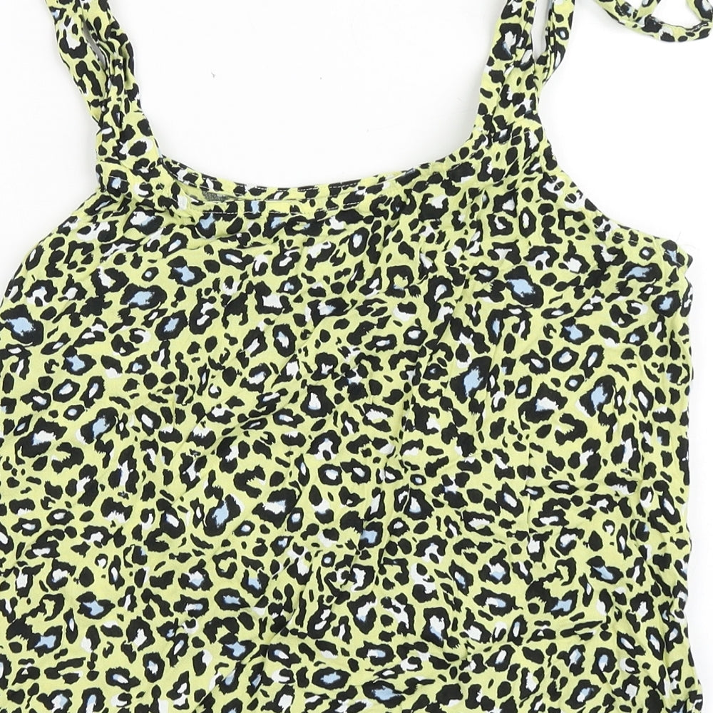 Brand and care label for Clockhouse women’s yellow animal print viscose cropped blouse, size UK 8, round neck