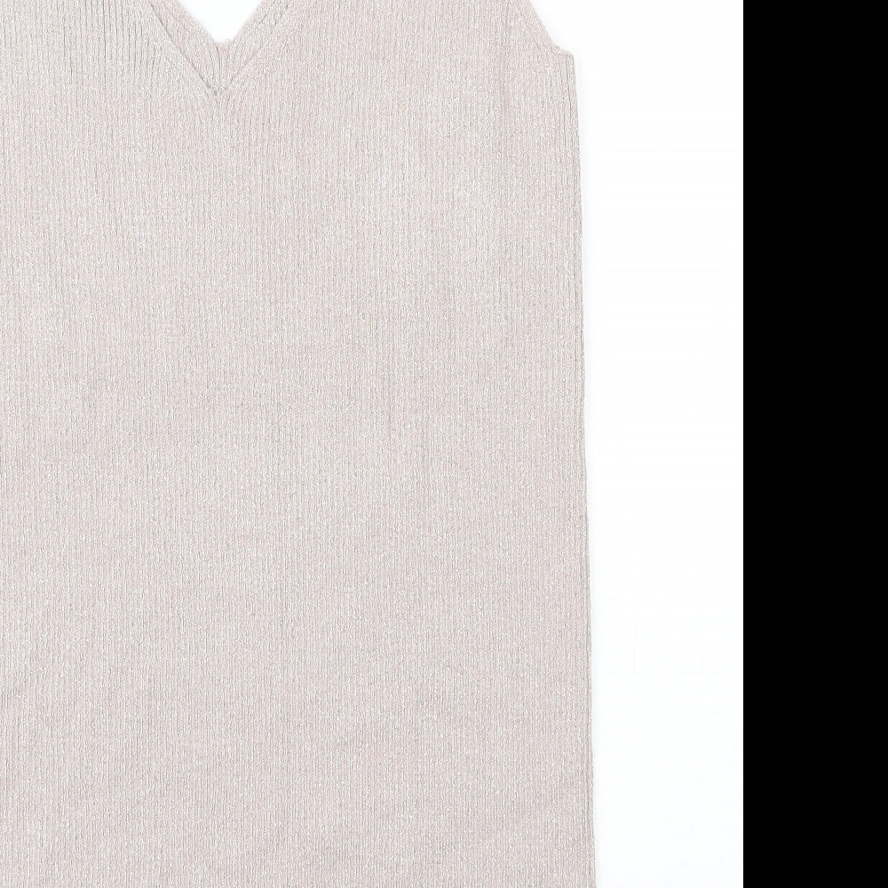 Brand and care label for F&F women’s beige v-neck viscose vest jumper, size UK 16