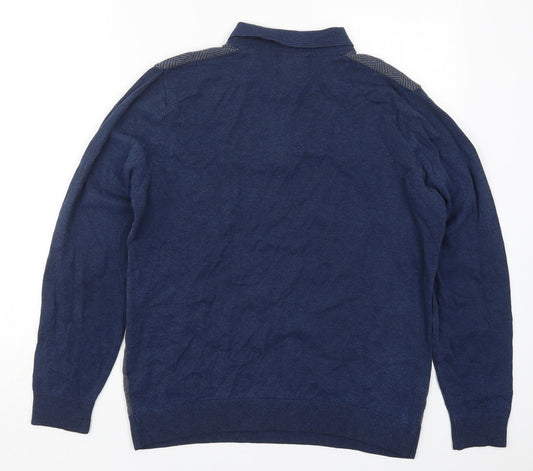 Marks and Spencer Mens Blue Collared Herringbone Cotton Pullover Jumper Size M