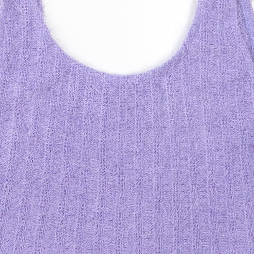 Brand and care label for SHEIN women’s purple polyester cropped tank, size L, scoop neck