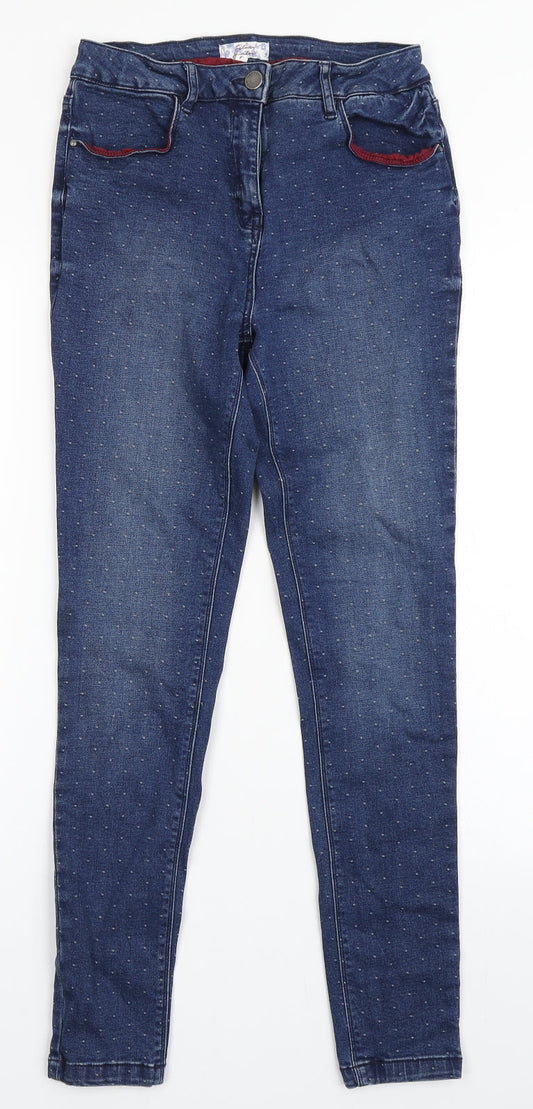 Additional front view of Matalan women’s blue polka dot cotton skinny jeans, size UK 8, 27.5-inch leg regular button