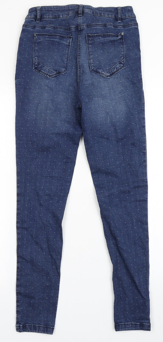 Matalan Womens Blue Polka Dot Cotton Skinny Jeans Size 8 L27.5 in Regular Button