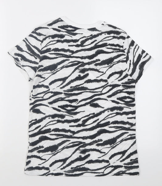 Primark Womens White Animal Print Cotton Basic T-Shirt Size 4 Crew Neck