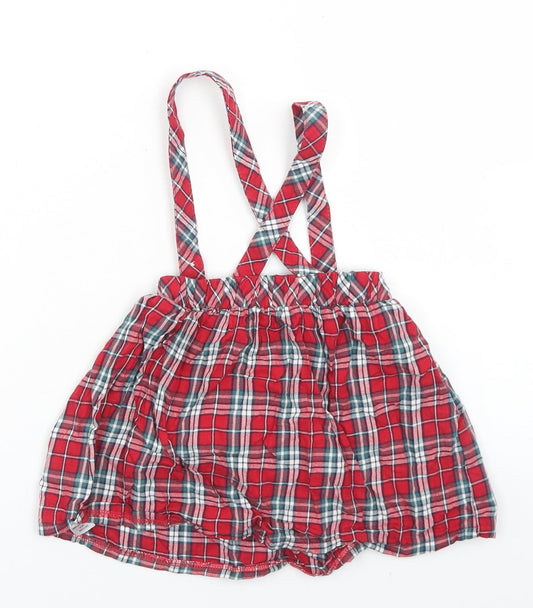 George Girls Red Plaid Cotton Pinafore/Dungaree Dress Size 12-18 Months Square Neck Button