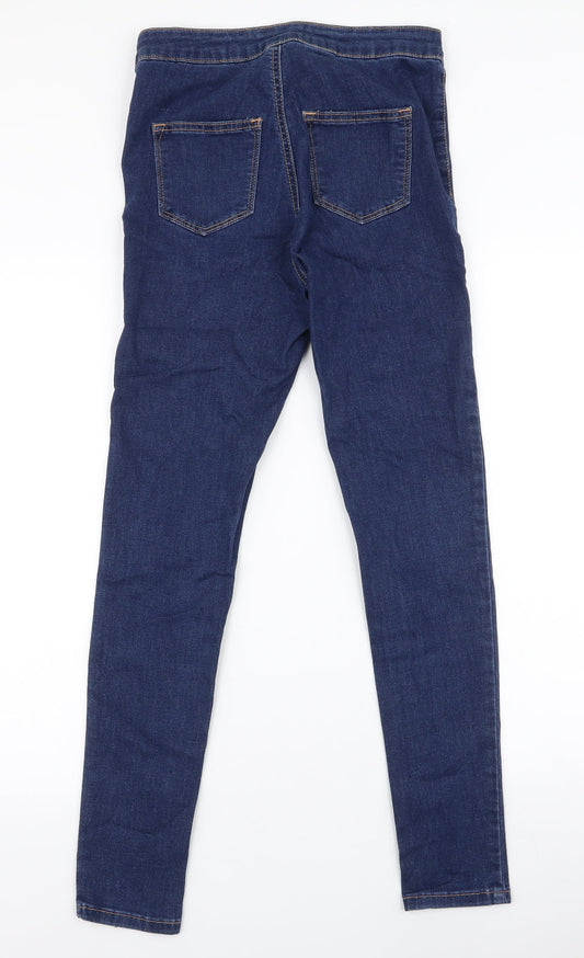 Back view of Oasis women’s blue cotton skinny jeans, size UK 8, 28-inch leg regular zip