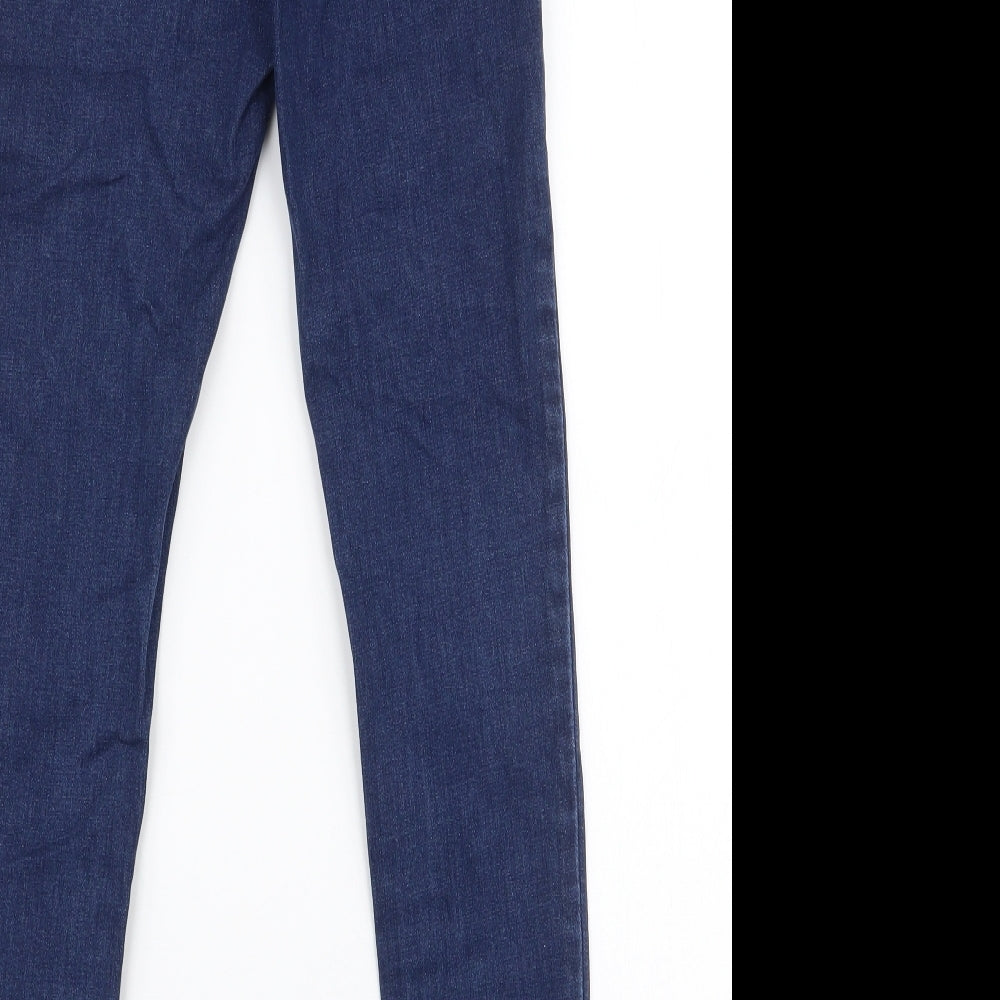 Brand and care label for Oasis women’s blue cotton skinny jeans, size UK 8, 28-inch leg regular zip