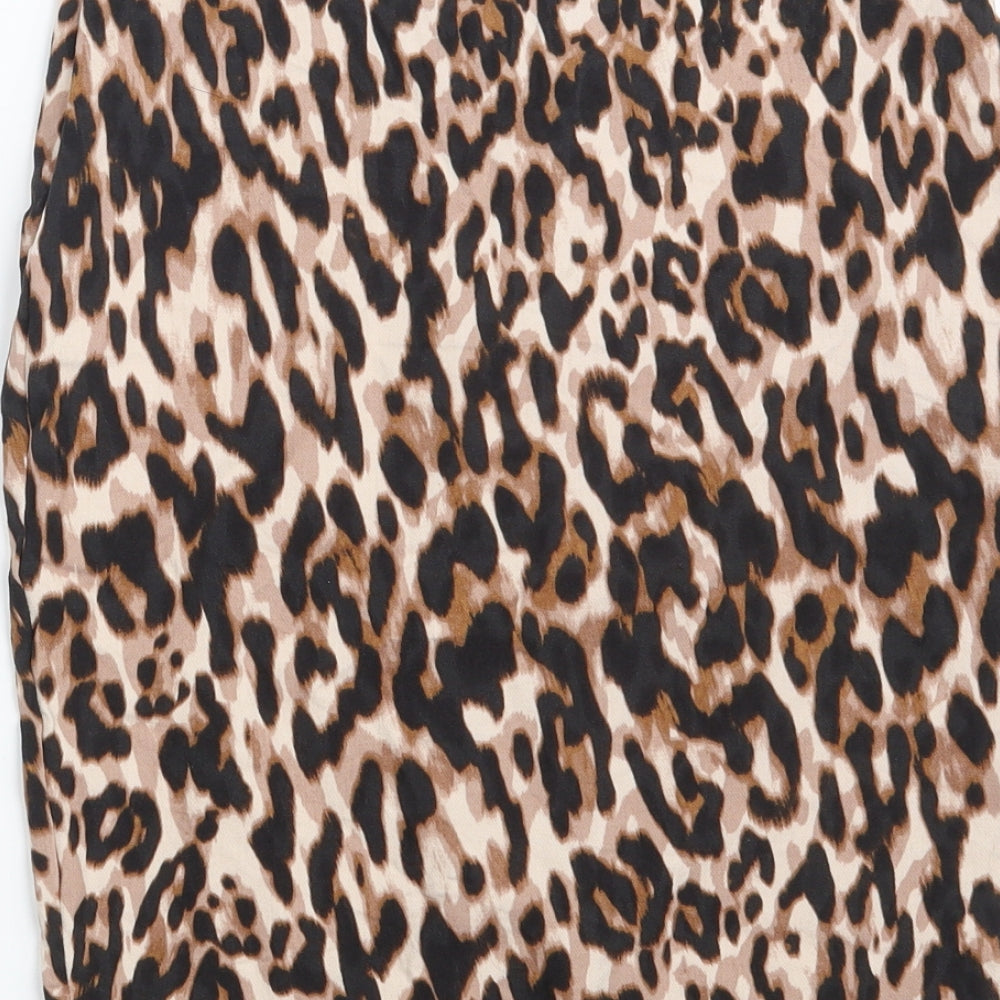 Brand and care label for Atmosphere women’s brown animal print viscose a-line skirt, size UK 8, zip