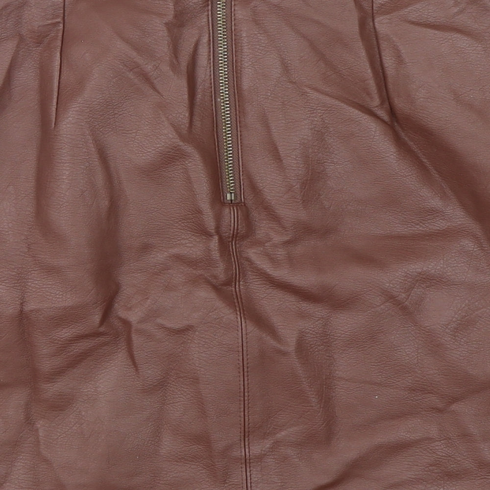 Brand and care label for Paraphrase women’s brown polyurethane mini skirt, size UK 10