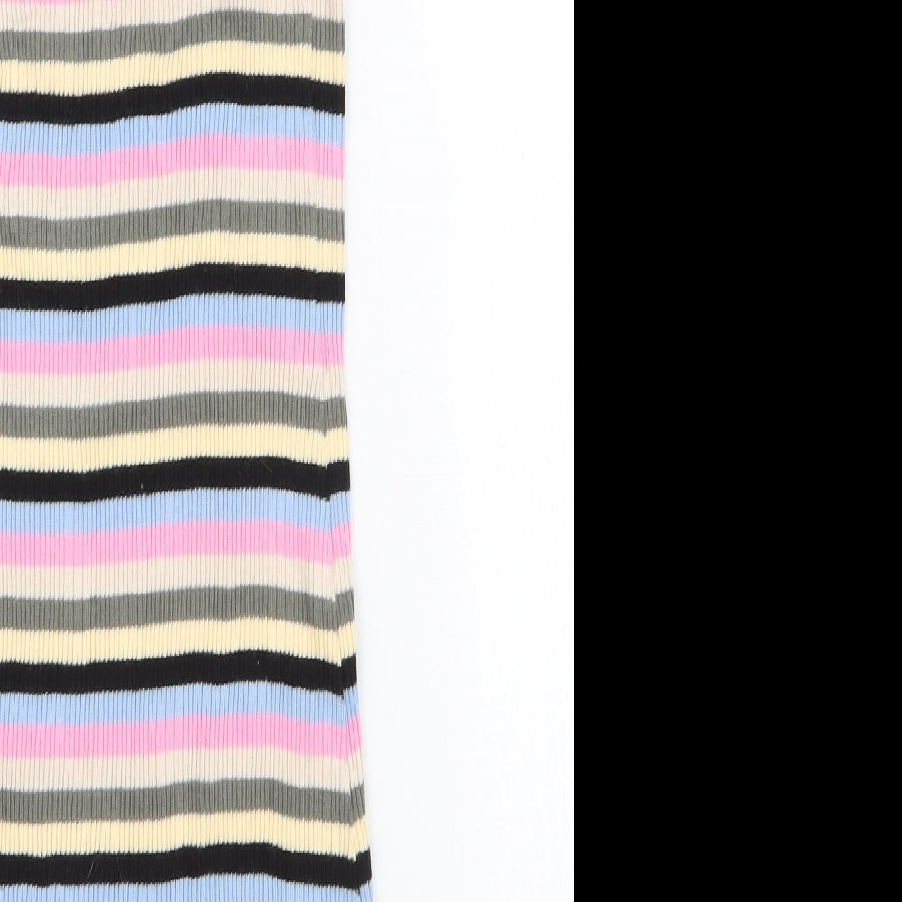 Brand and care label for Topshop women’s multicoloured striped 100% cotton bodycon, size UK 6, high neck pullover
