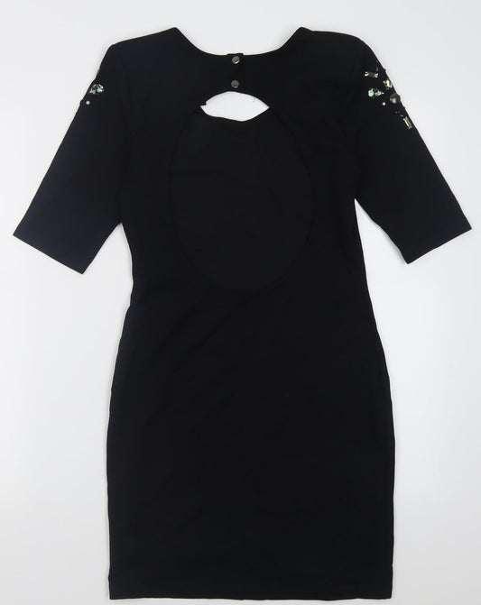 H&M Womens Black Fair Isle Viscose Bodycon Size 8 Crew Neck Button - Open back