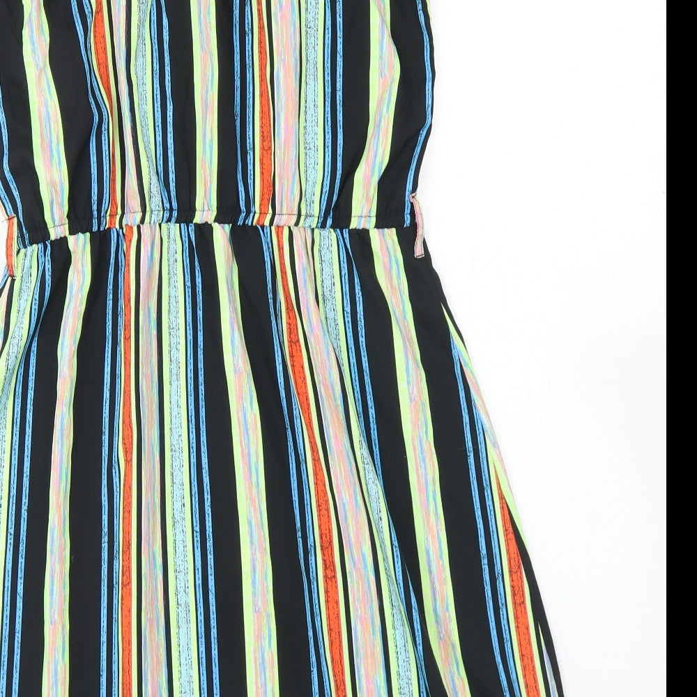 Brand and care label for Pep&Co women’s multicoloured striped polyester slip dress, size UK 8, round neck