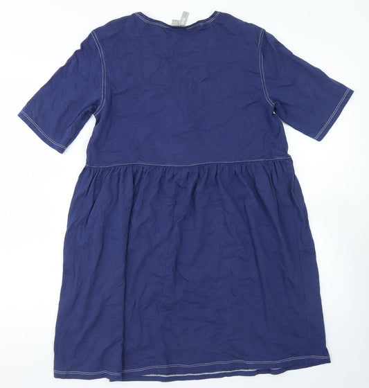 ASOS Womens Blue Cotton Skater Dress Size 10 V-Neck Zip