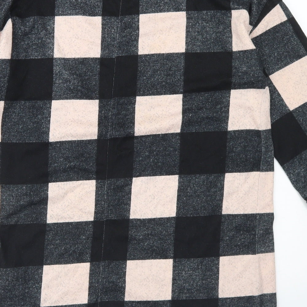 Brand and care label for F&F women’s black check polyester tunic t-shirt, size UK 8, round neck