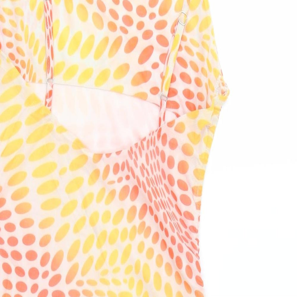 Brand and care label for SHEIN women’s orange geometric polyester bodycon, size XS, square neck tie