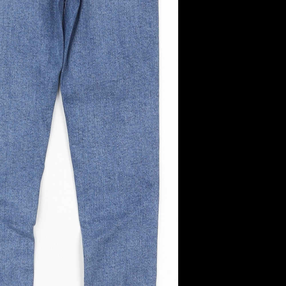 Brand and care label for Topshop women’s blue cotton skinny jeans, size UK 28, in regular button - distressed hem