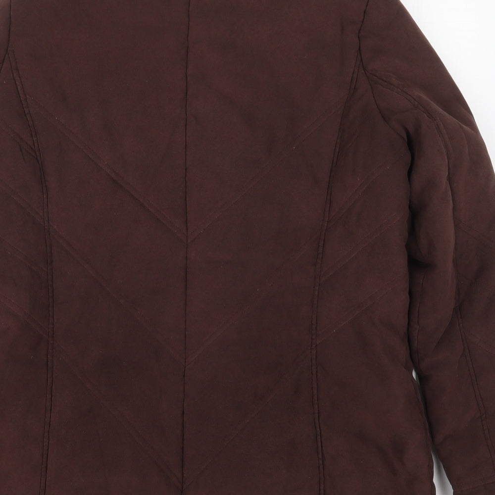 Brand and care label for Klass women’s brown quilted coat, size M, zip