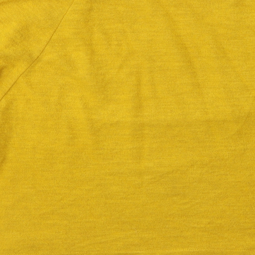 Brand and care label for H&M women’s yellow viscose pullover sweatshirt, size M, pullover