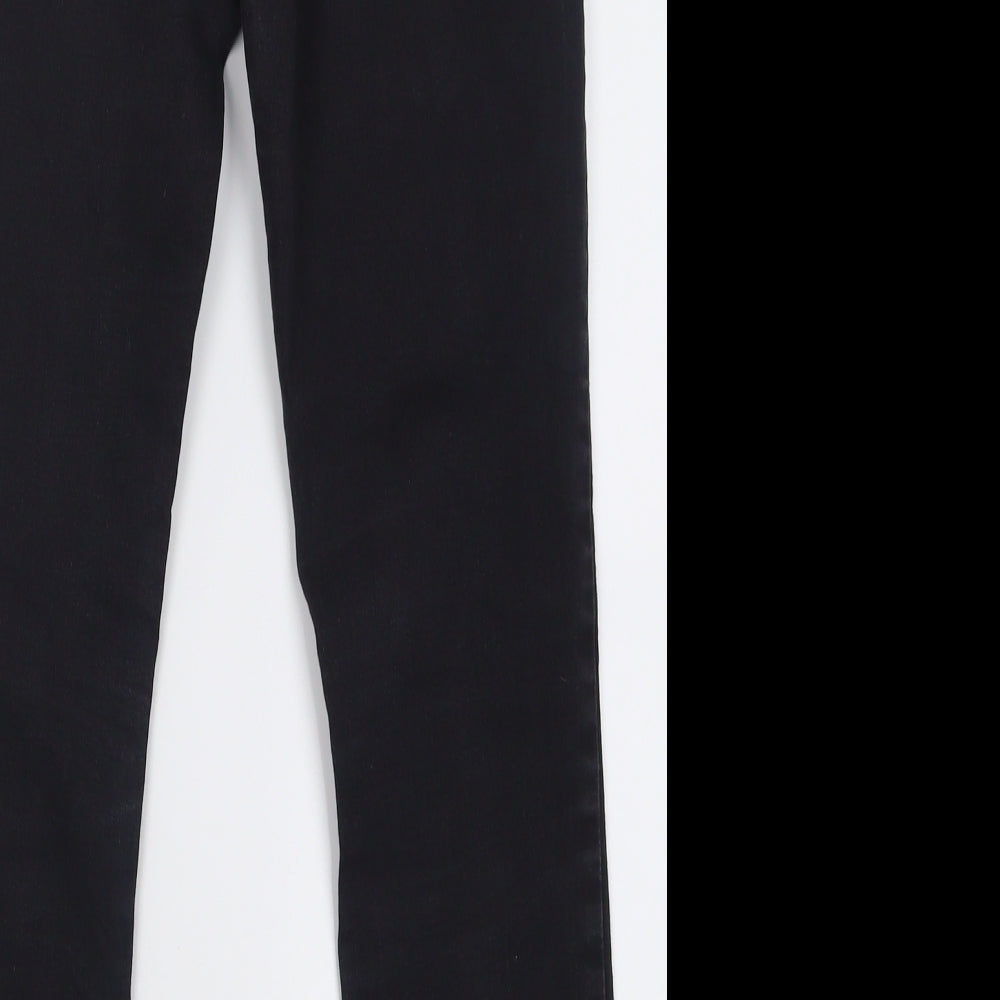Brand and care label for H&M women’s black cotton skinny jeans, size UK 28, in, 28-inch leg regular button