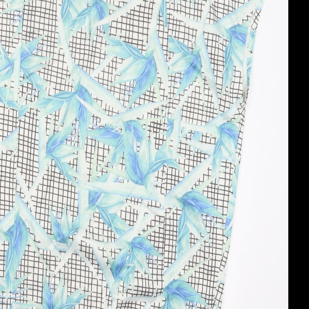 Brand and care label for Zara women’s blue floral polyester t-shirt dress, size S, crew neck pullover