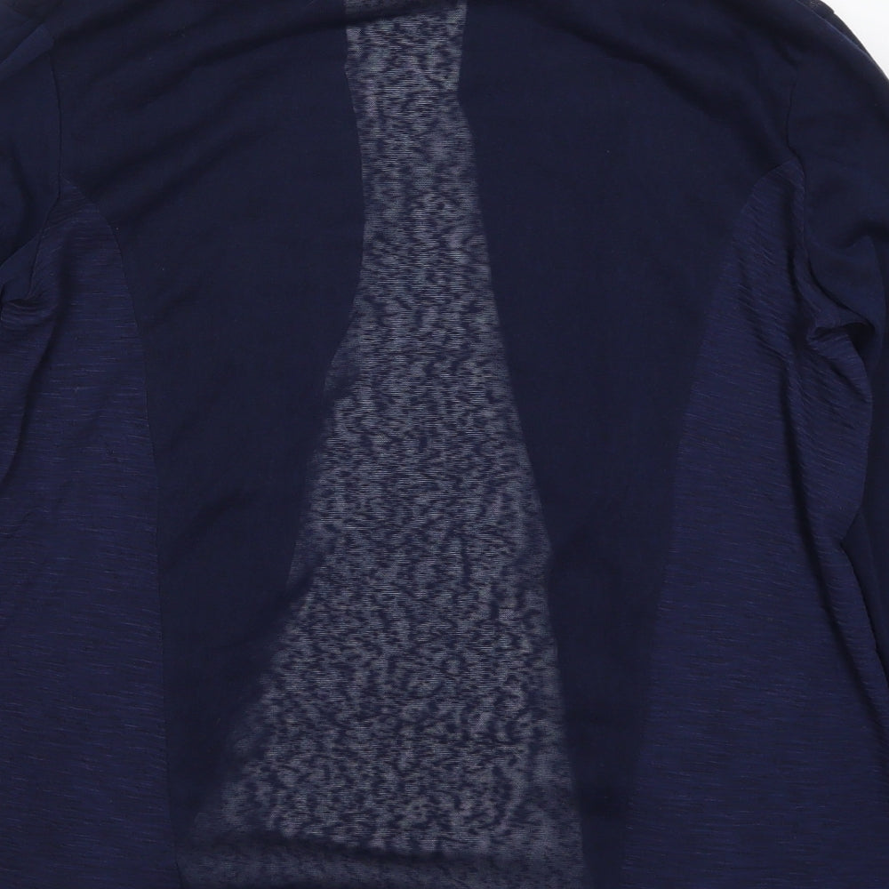 Brand and care label for F&F women’s blue v-neck polyester cardigan jumper, size UK 10