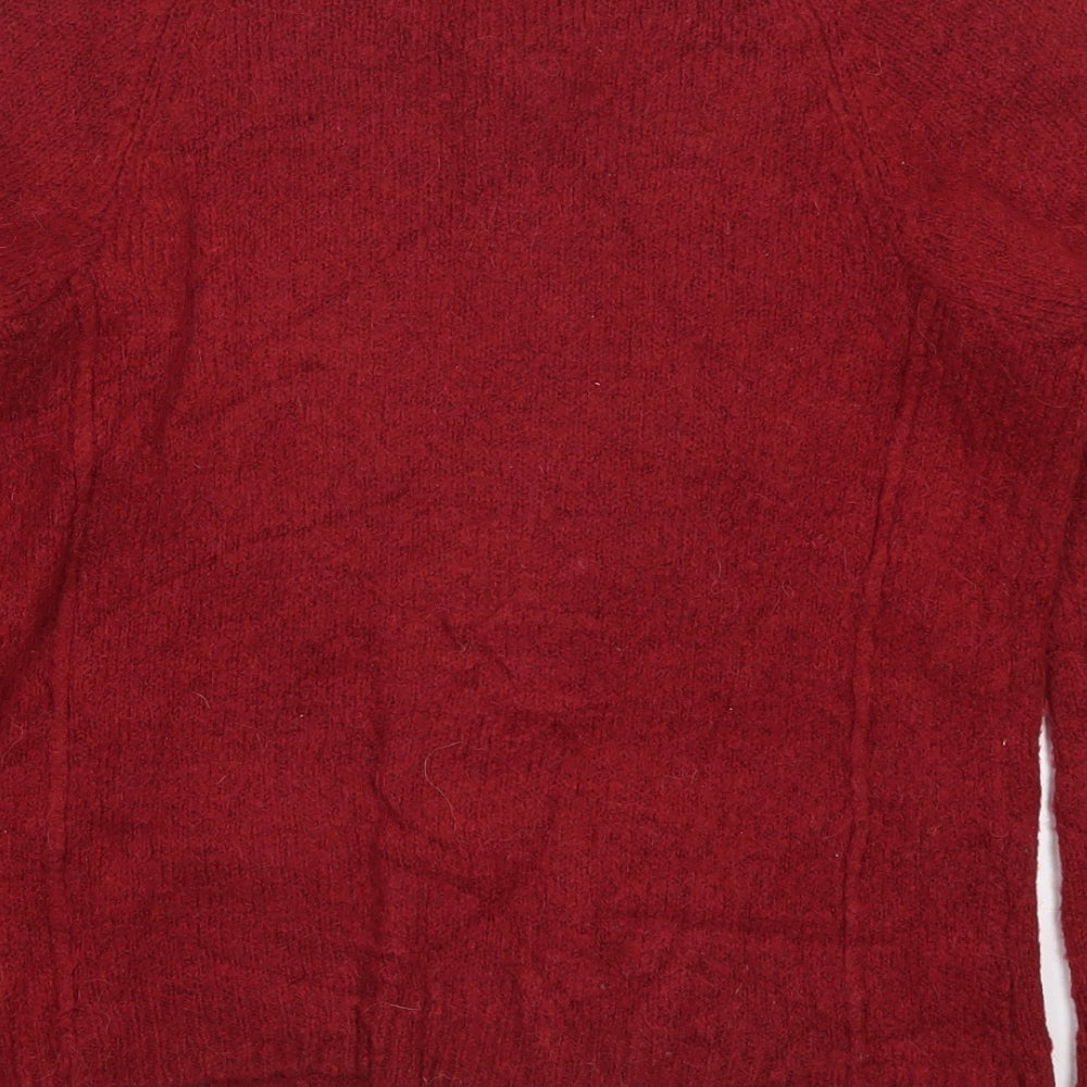 Brand and care label for YFL Reserved women’s red round neck acrylic jumper, size S