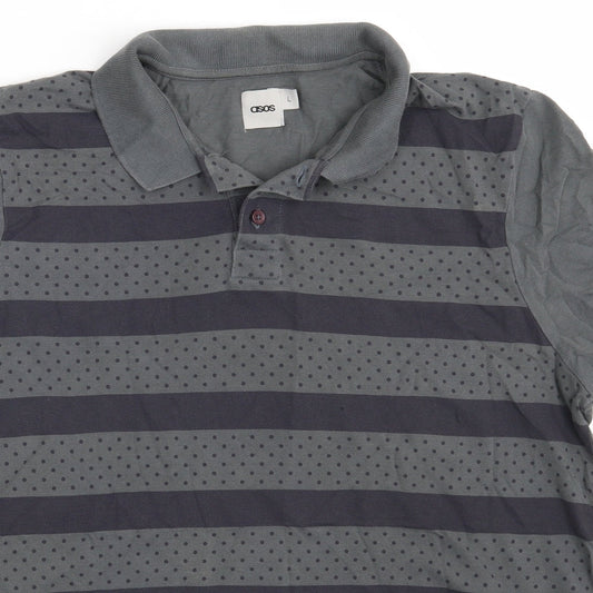 ASOS Mens Grey Striped 100% Cotton Polo Size L Collared Button