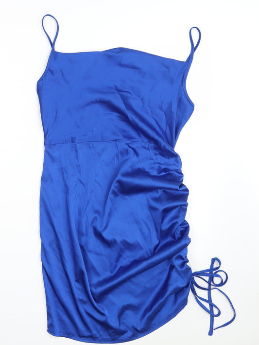 Additional front view of Naanaa women’s blue polyester bodycon, size UK 12, off the shoulder zip